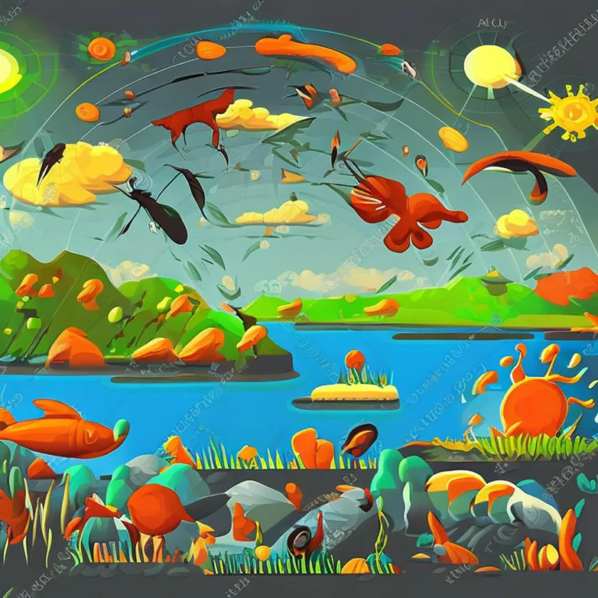 Ecosystem Players and Nature. Producers, consumers, decomposers, atmosphere, hydrosphere, lithosphere, sunlight, humans and animals