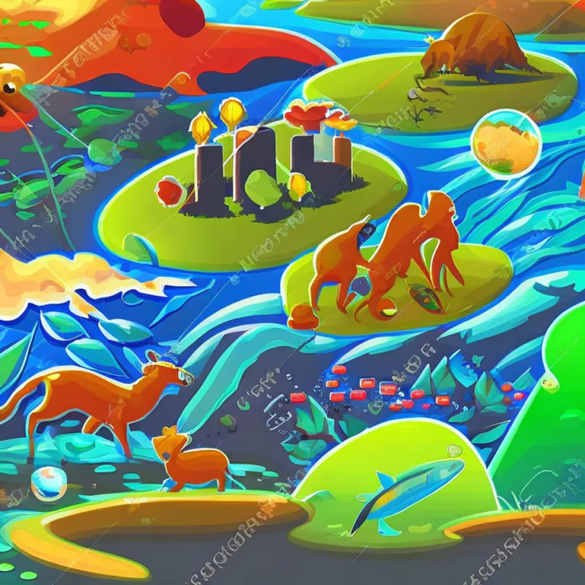 Ecosystem Players and Nature. Producers, consumers, decomposers, atmosphere, hydrosphere, lithosphere, sunlight, humans and animals