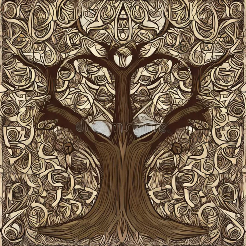 Yggdrasil and scandinavian people. A Norse myth and cosmology. The well of Urd and fates.