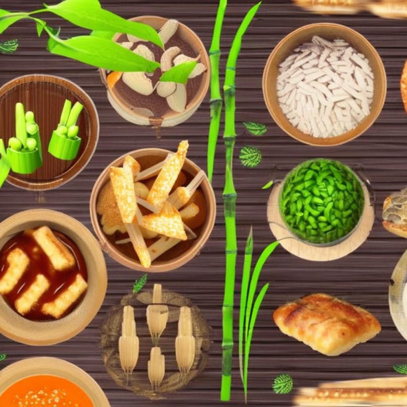 Bamboo menu and recepies for appetizer, main course, side dish, dessert, beverage. Where to find shoots and leaves and how to slice them.