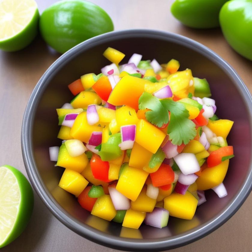 Mango Salsa with Ripe mango, Red bell pepper, Red onion, Jalapeño pepper, Fresh cilantro, Lime juice, Salt and pepper