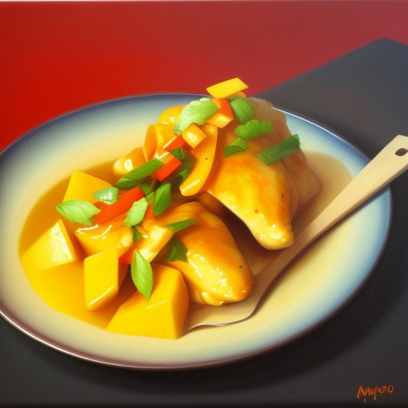 A typical African Dish with Mango . Mango Chicken or Chicken in Mango Sauce.