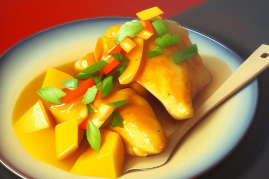 A typical African Dish with Mango . Mango Chicken or Chicken in Mango Sauce.